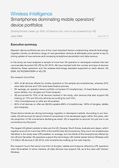 Smartphones dominating mobile operators' device portfolios - Smartphones make up 58% of device mix; one in six powered by 4G